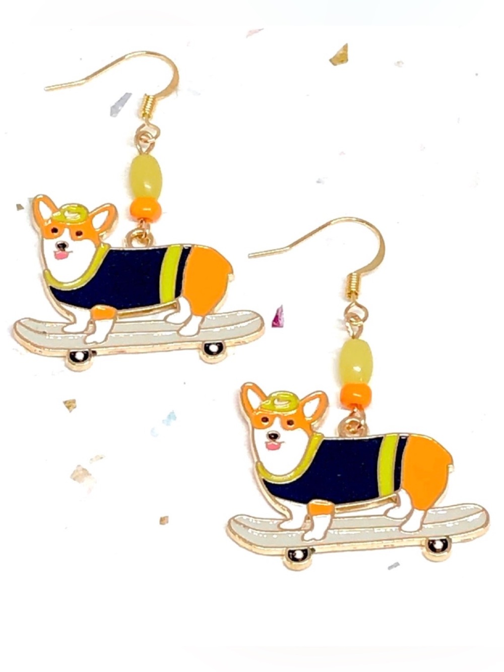 Orange White Corgi Dog Puppy with Blue Green Shirt on Skateboard Enamel Earrings